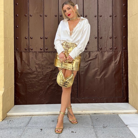 Zara Gold Block Heel Rhinestone Sandals - Picture 2 of 14